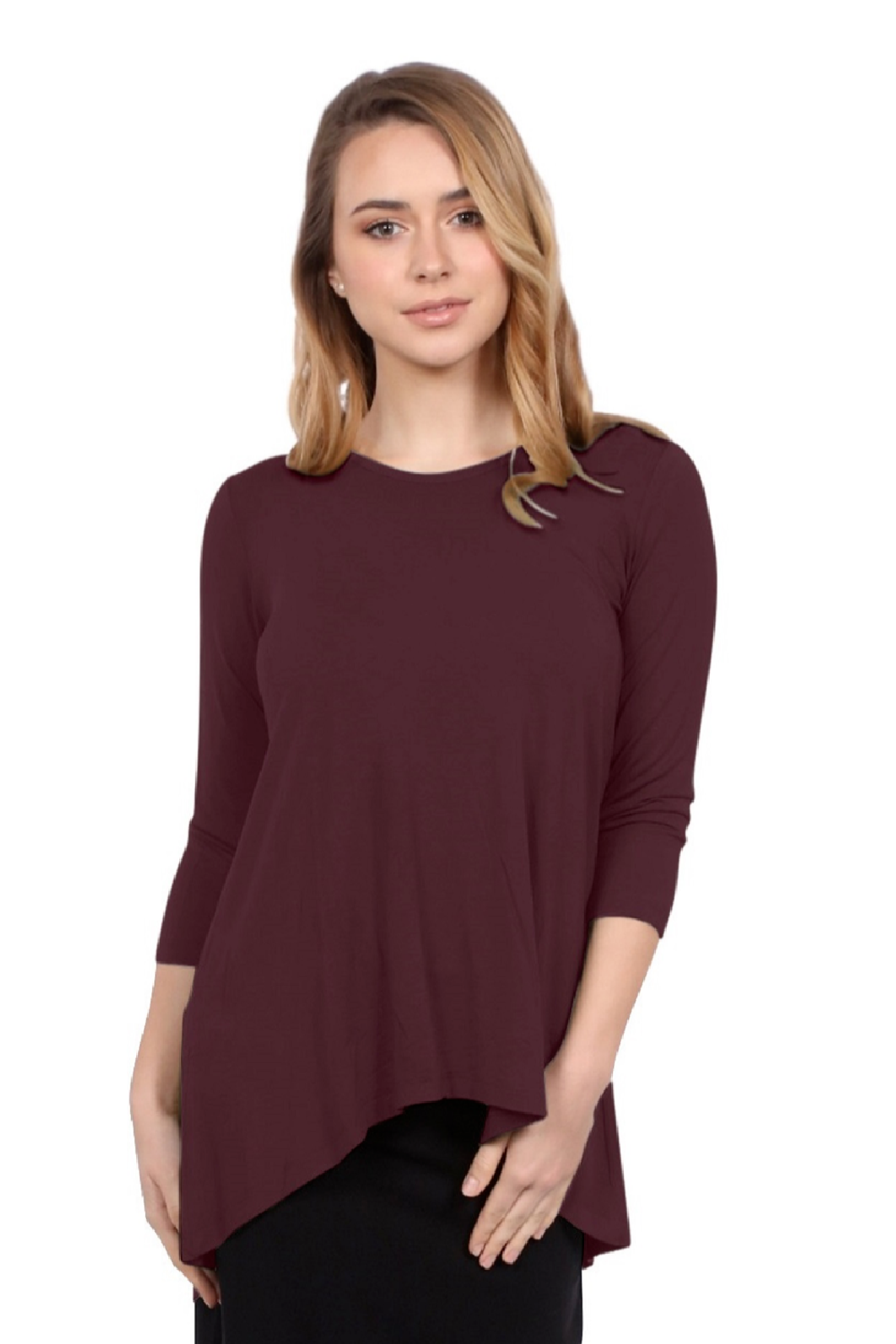 Blusa túnica discreta de manga tres cuartos con dobladillo asimétrico Hi-Lo