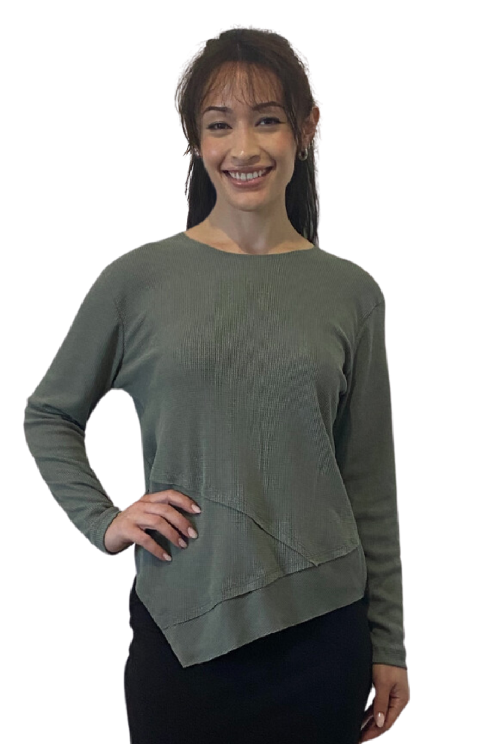 Modest High-Neck Waffle Tunic | Long Sleeve Comfort Top with Asymmetric Hem