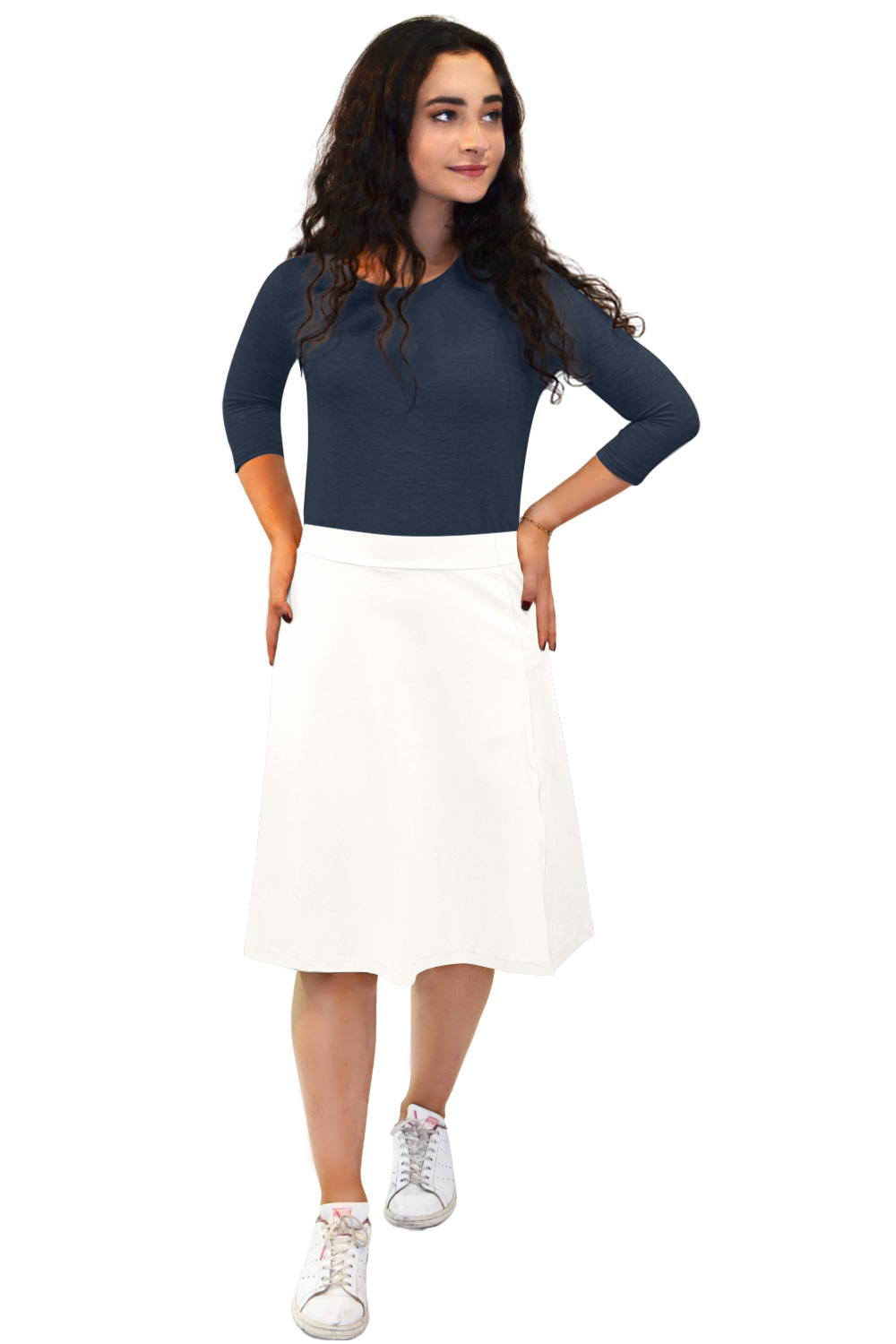 Classic A-Line Knee Length Cotton Stretch Skirt - Modest Everyday Comfort