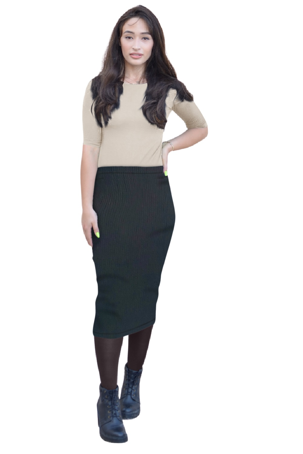 Ribbed Mid-Calf Pencil Skirt