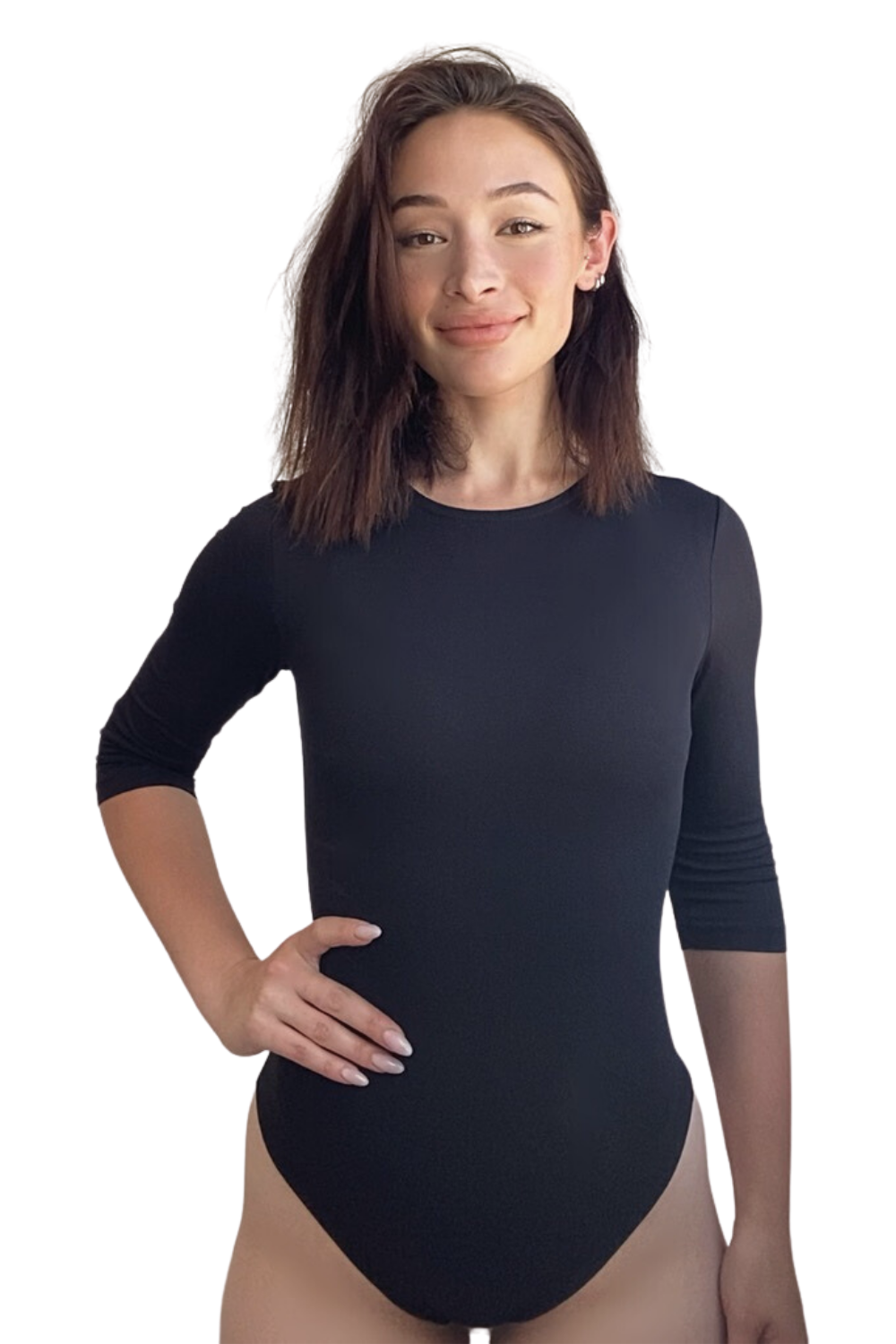 Modest 3/4 Sleeve High Neckline Bodysuit Shell - Snap Closure Layering Top