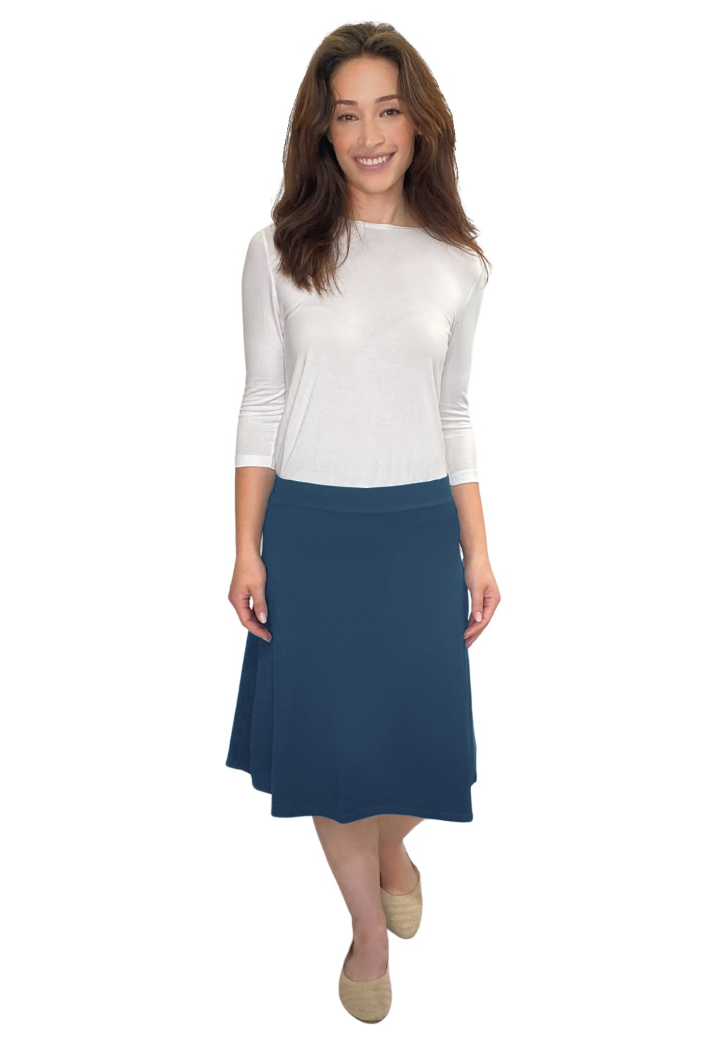 Classic A-Line Knee Length Cotton Stretch Skirt - Modest Everyday Comfort