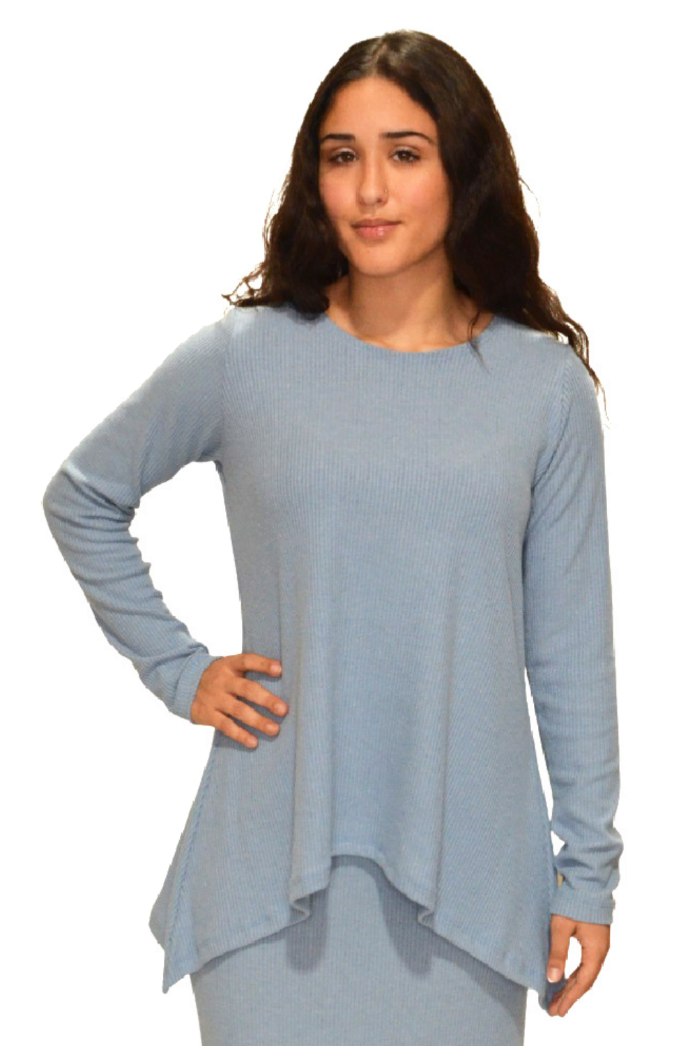 Long Sleeve Ribbed Sweater Tunic with Handkerchief Hem