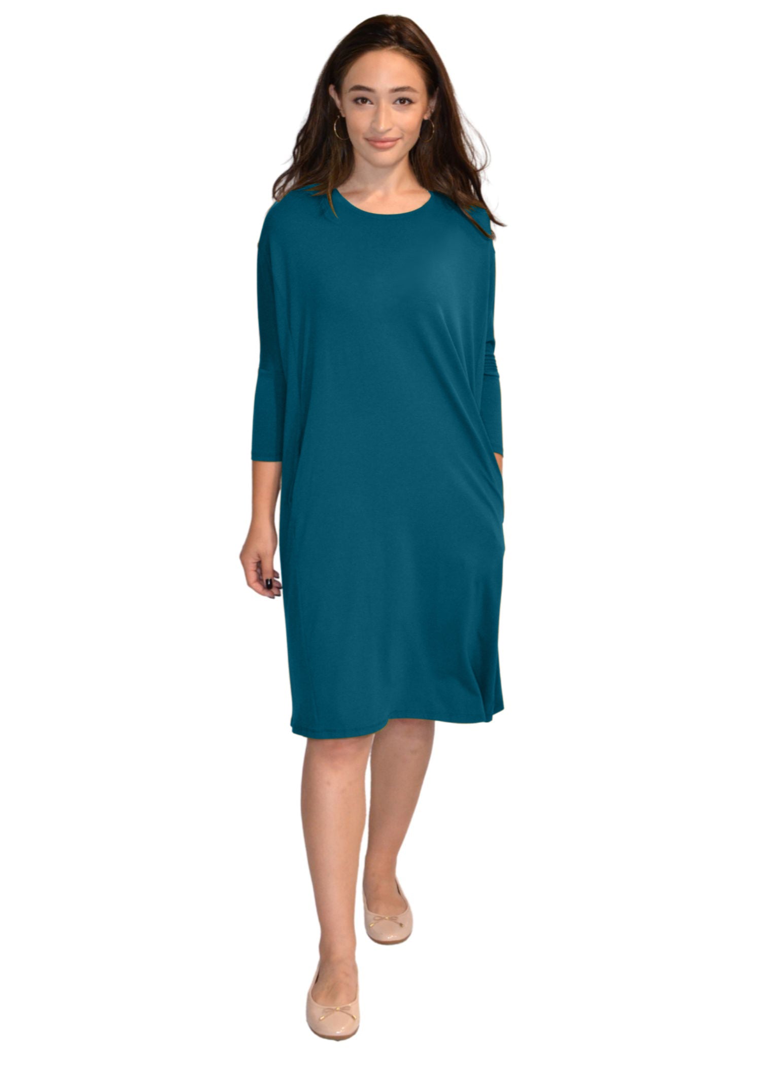 Relaxed Fit Modest 3/4 Sleeve Knee-Length Dress with Pockets