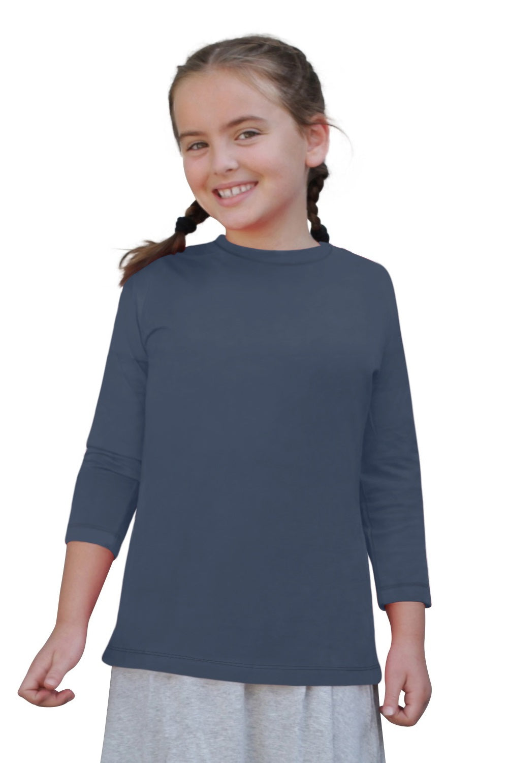 Girls' Modest Cotton Three-Quarter Sleeve Tee - Classic Comfort (Ages 5-12)