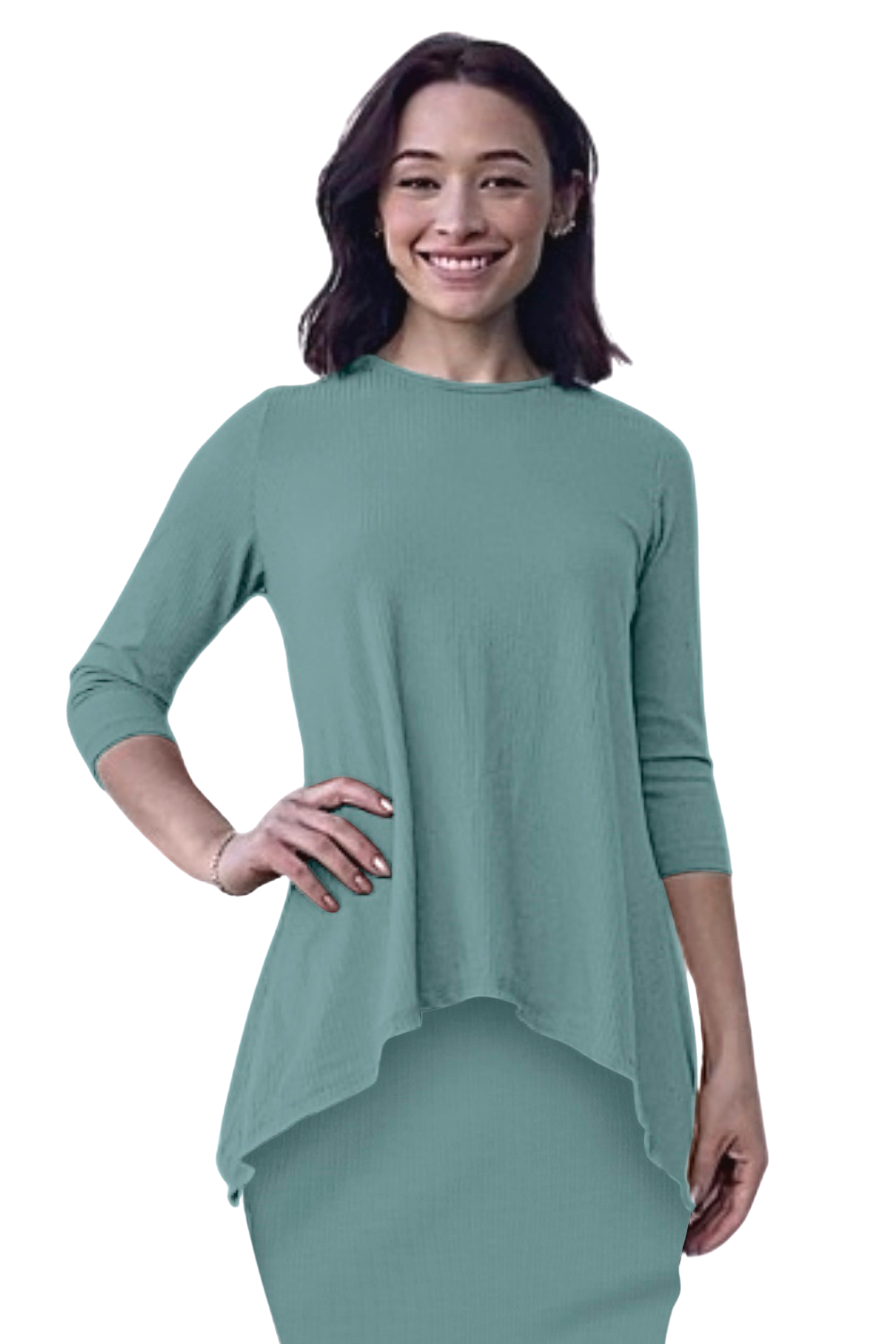 Ribbed Tunic with Handkerchief Hem 3/4 Sleeve