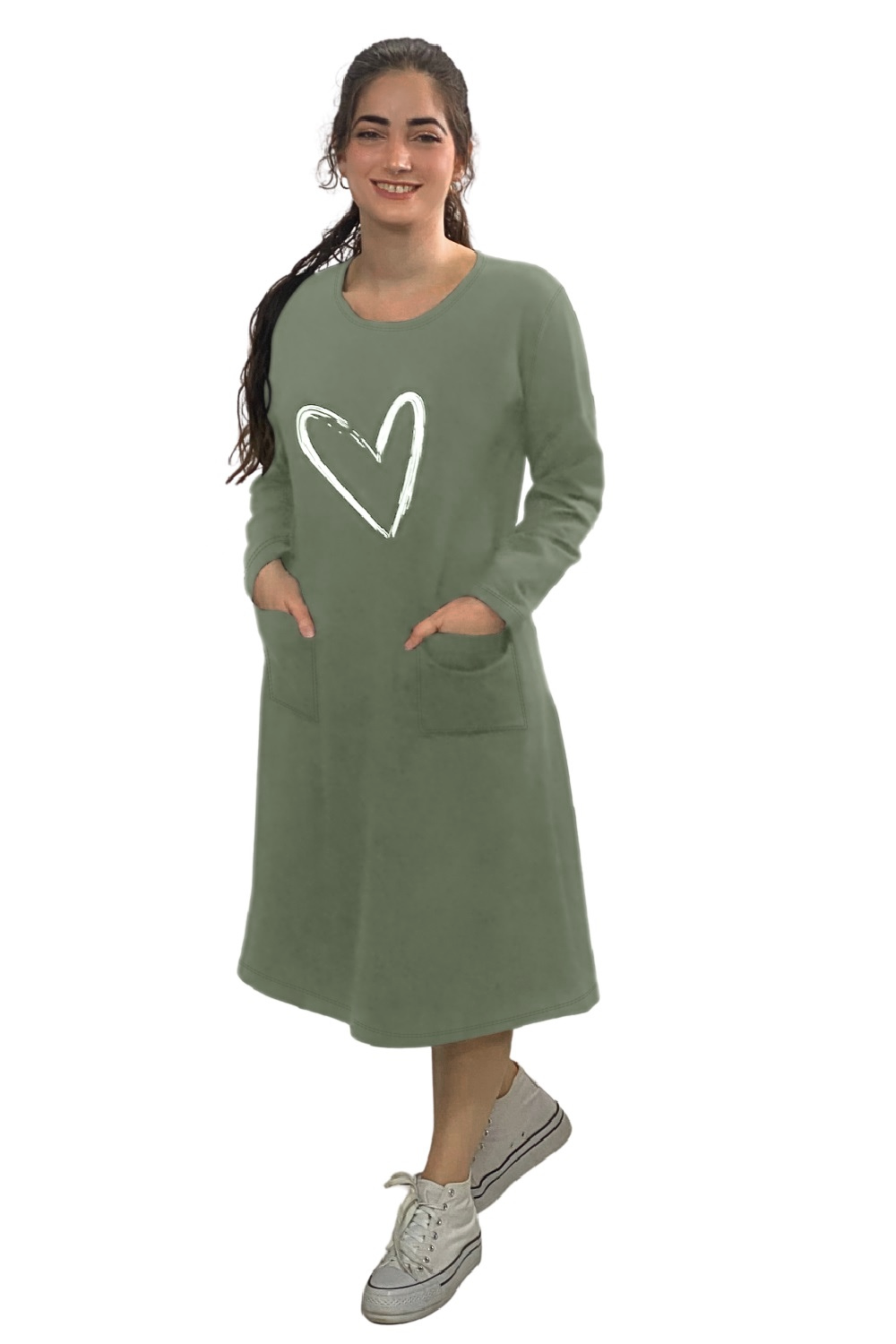 French Terry Cotton Long Sleeve Dress with Heart Motif Design