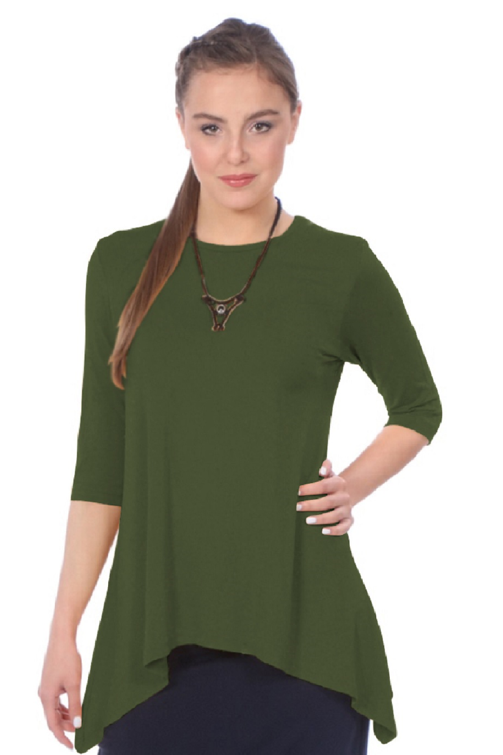 Modest Handkerchief Tunic Top - 3/4 Sleeve Comfort Flow Design - Solid Colors