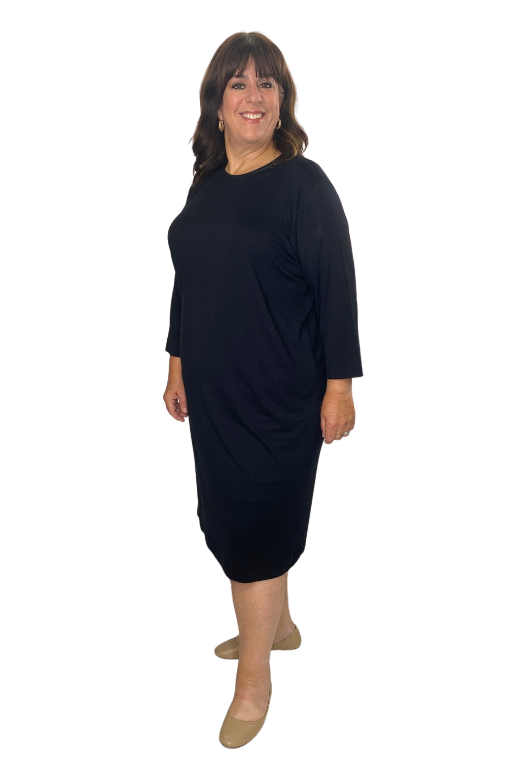 Plus Size Classic 3/4 Sleeve Modest Knee-Length Shift Dress Black / 20 Plus Size Classic 3/4 Sleeve Modest Knee-Length Shift Dress Black / 20
