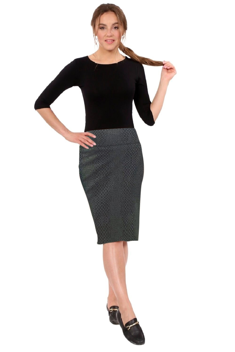 Stretch Knee Length Pencil Skirt for Women in Cotton Spandex