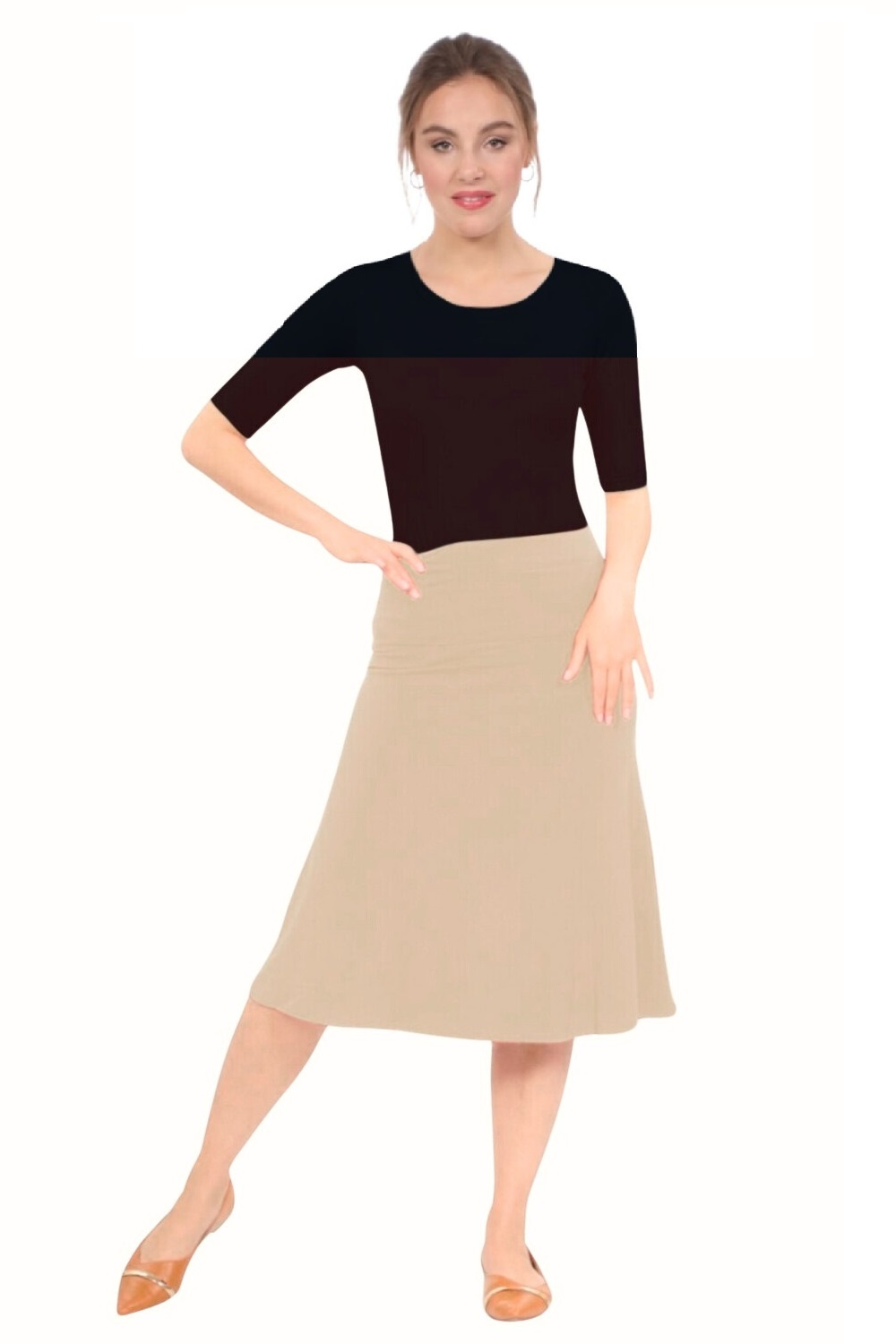 Sleek A-Line Adjustable Waist Midi Skirt with Fold-Over Waistband