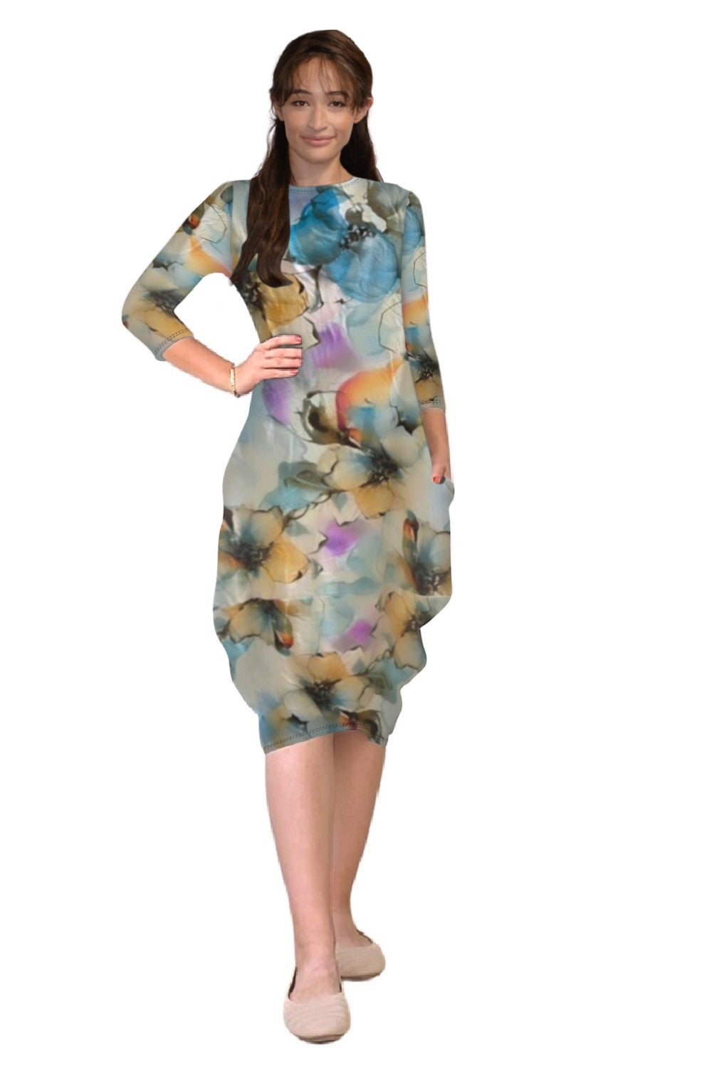 3/4 Sleeve Tulip Cocoon Dress - Mid-Calf Length with Pockets