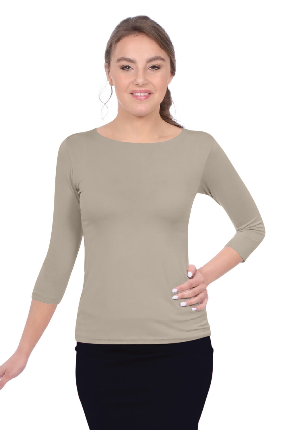 Fitted 3/4 Sleeve Layering Shell - High Round Neckline Slim-Fit Undershirt