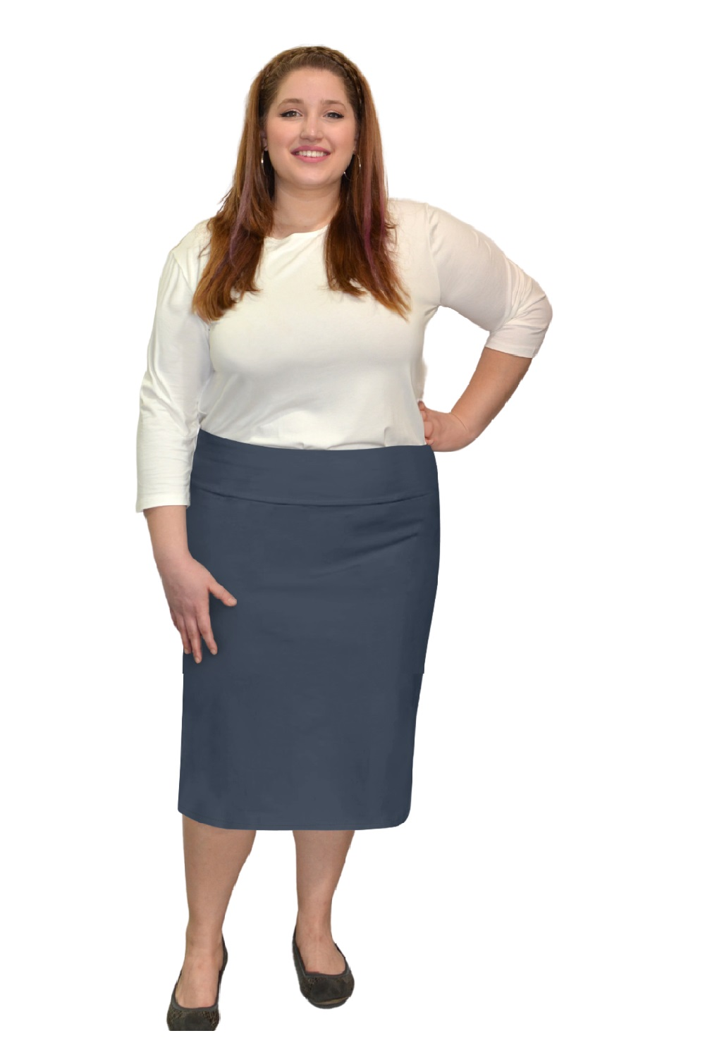 Stretch Knee Length Pencil Skirt for Women in Cotton Spandex Plus Size