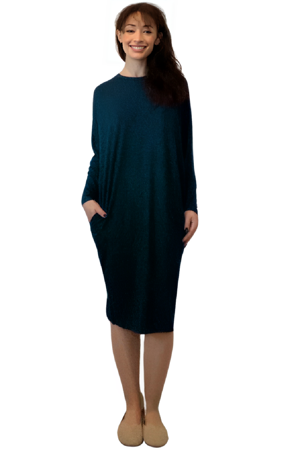 Batwing Long Sleeve Midi Dress with Pockets - Versatile Loose Fit Style