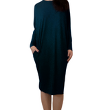 Batwing Long Sleeve Midi Dress with Pockets - Versatile Loose Fit Style