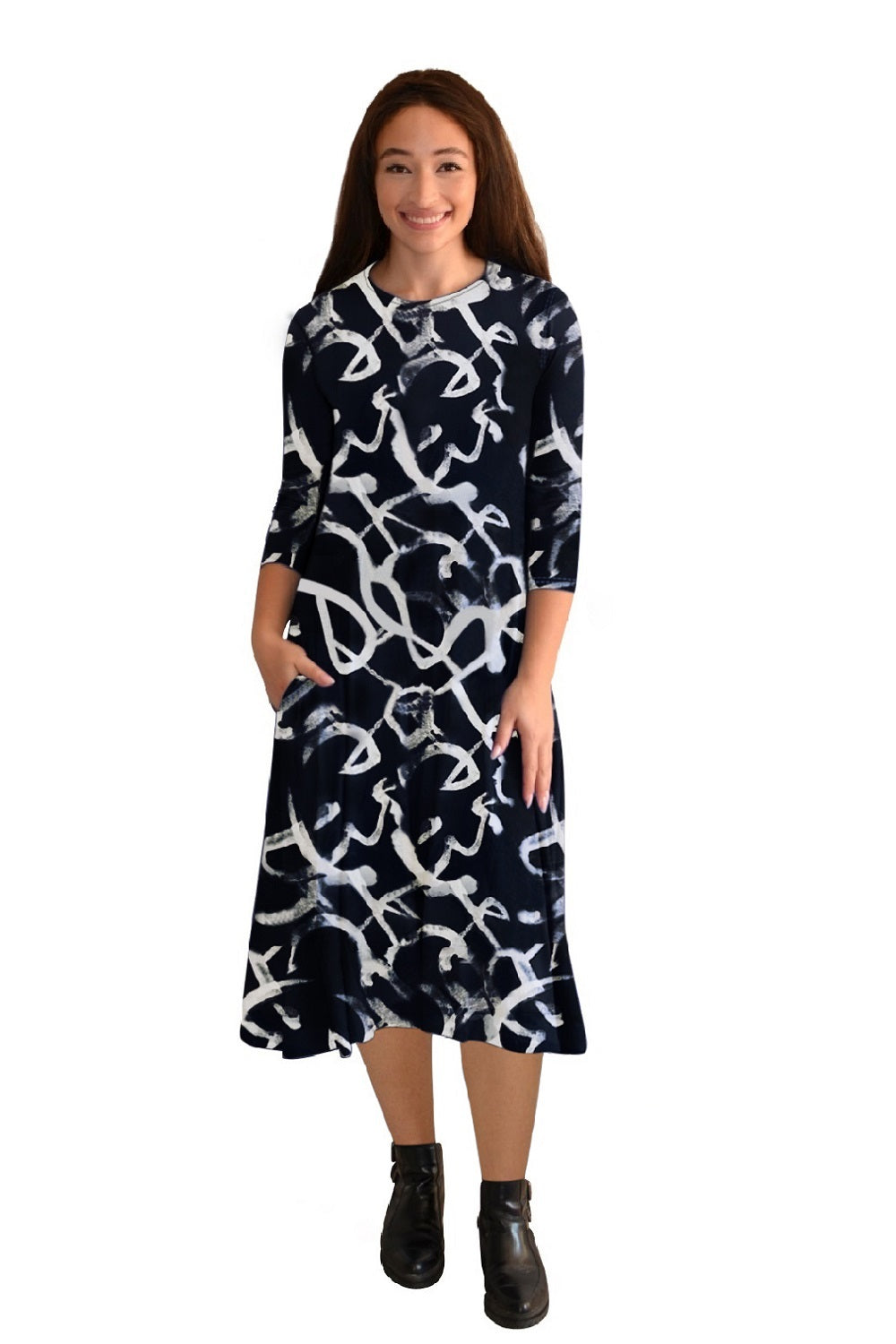 Mid-Calf 3/4 Sleeve Swing Dress with Pockets