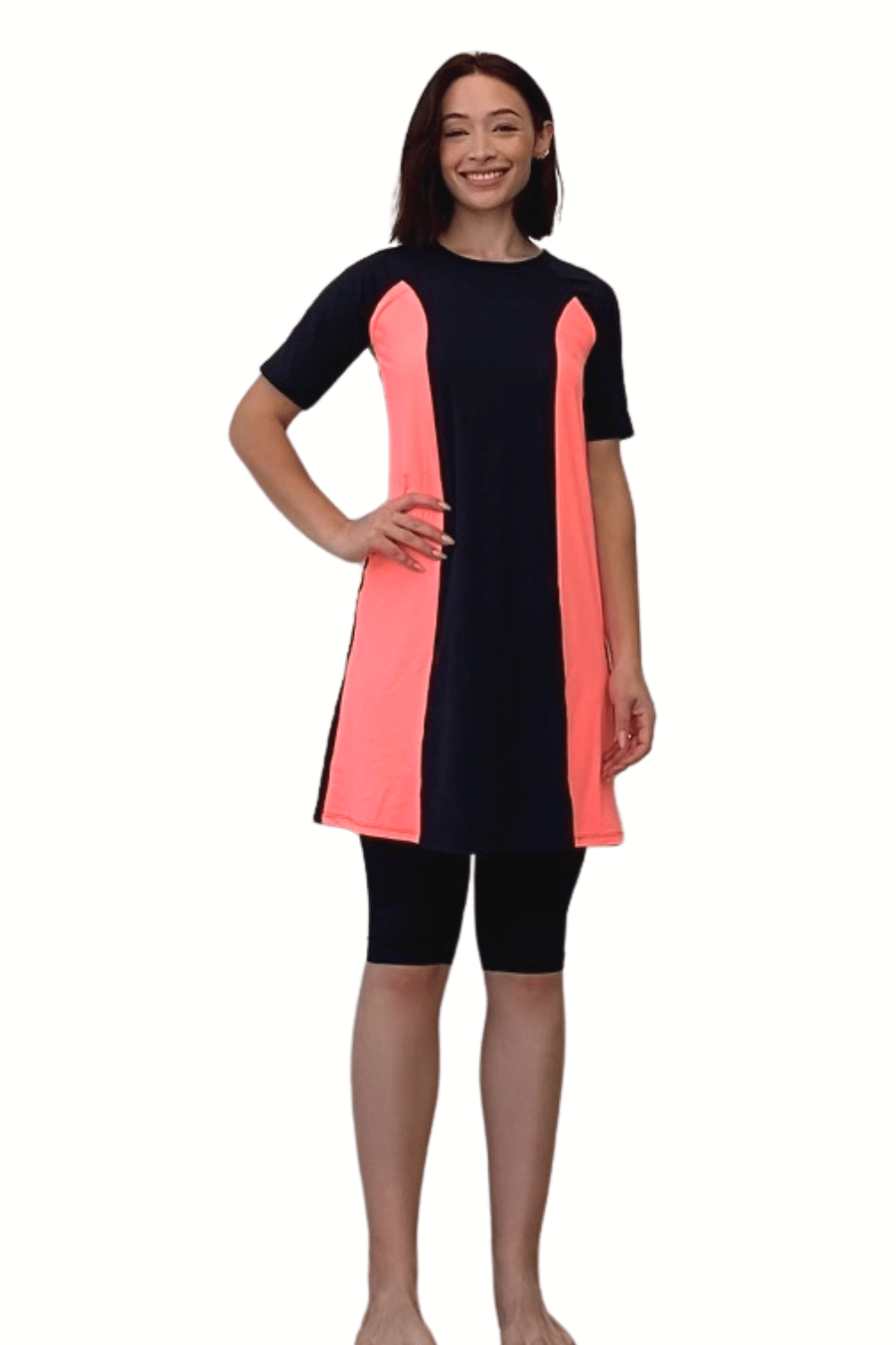 Modest Two-Piece Swim Dress Set - Elbow Sleeves with Knee-Length Leggings | UPF Protection Black/Neon Coral / X-Small Modest Two-Piece Swim Dress Set - Elbow Sleeves with Knee-Length Leggings | UPF Protection Black/Neon Coral / X-Small