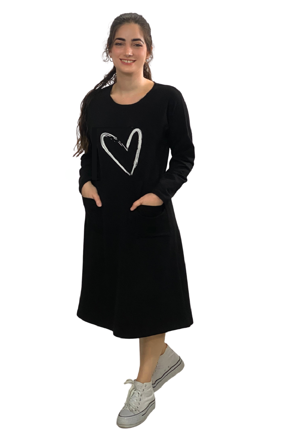 French Terry Cotton Long Sleeve Dress with Heart Motif Design