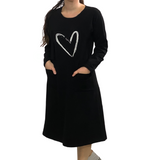 French Terry Cotton Long Sleeve Dress with Heart Motif Design