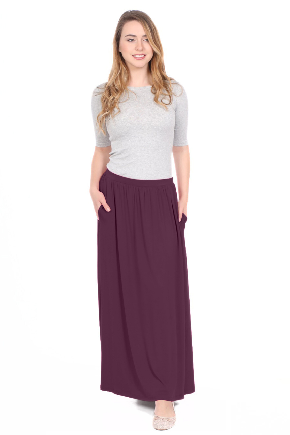 Women's Flowing Long Maxi Skirt with Pockets - Full Covered Elastic Waist