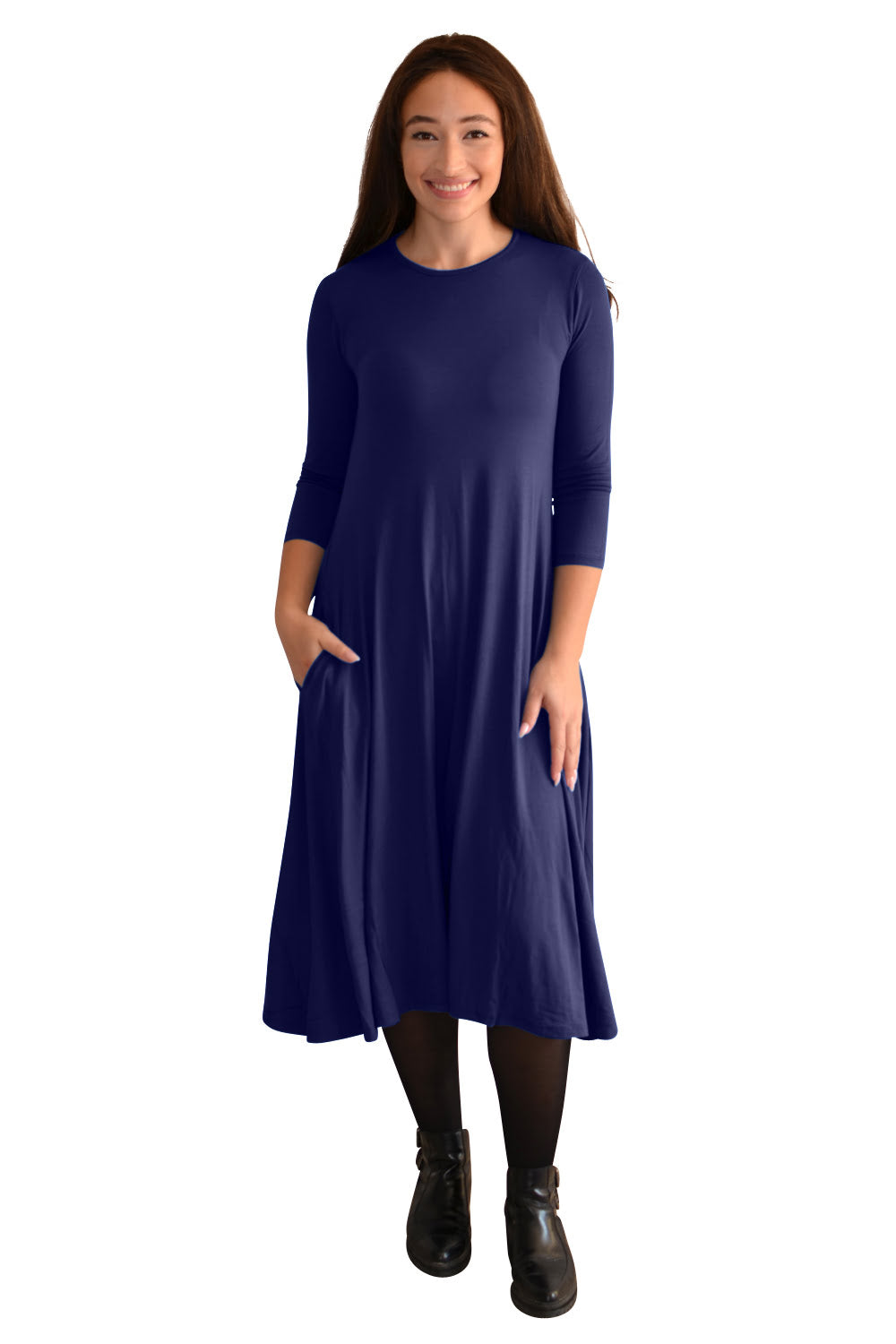 Mid-Calf 3/4 Sleeve Swing Dress with Pockets