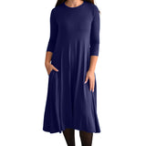 Mid-Calf 3/4 Sleeve Swing Dress with Pockets