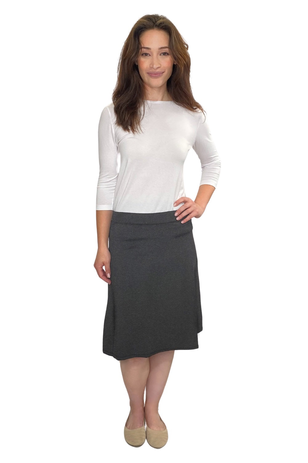 Classic A-Line Knee Length Cotton Stretch Skirt - Modest Everyday Comfort