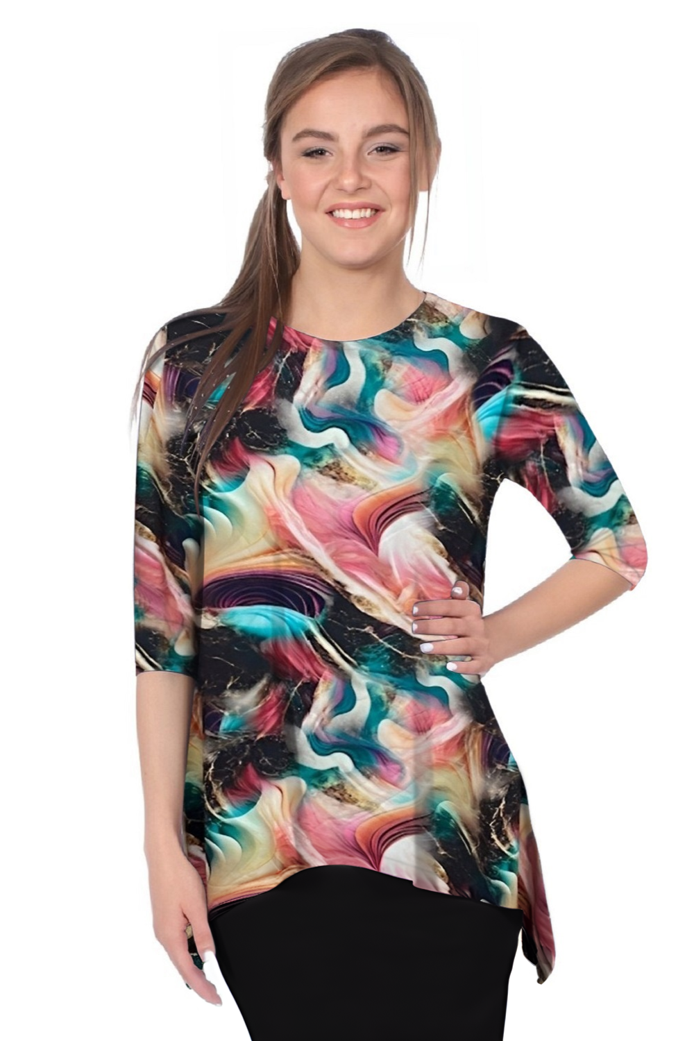 Modest Handkerchief Tunic Top - 3/4 Sleeve Comfort Flow Design