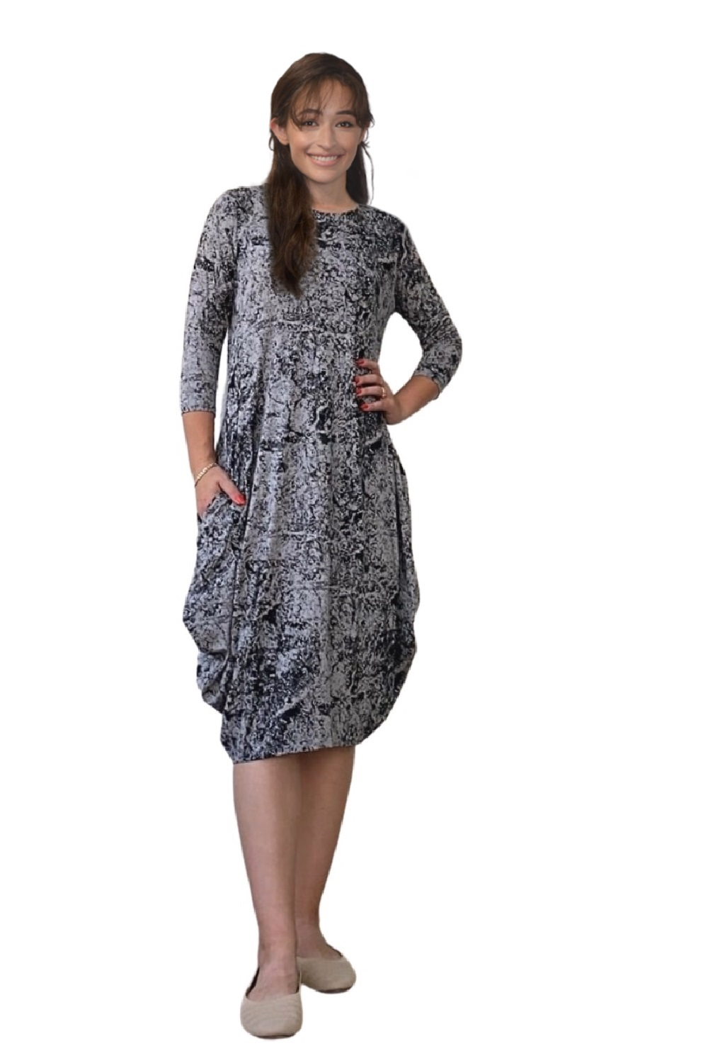 3/4 Sleeve Tulip Cocoon Dress - Mid-Calf Length with Pockets