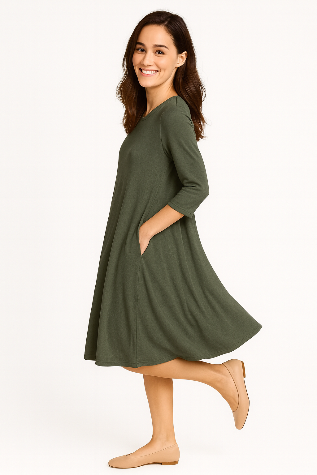 Relaxed Fit Modest 3/4 Sleeve Knee-Length Dress with Pockets