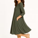 Relaxed Fit Modest 3/4 Sleeve Knee-Length Dress with Pockets