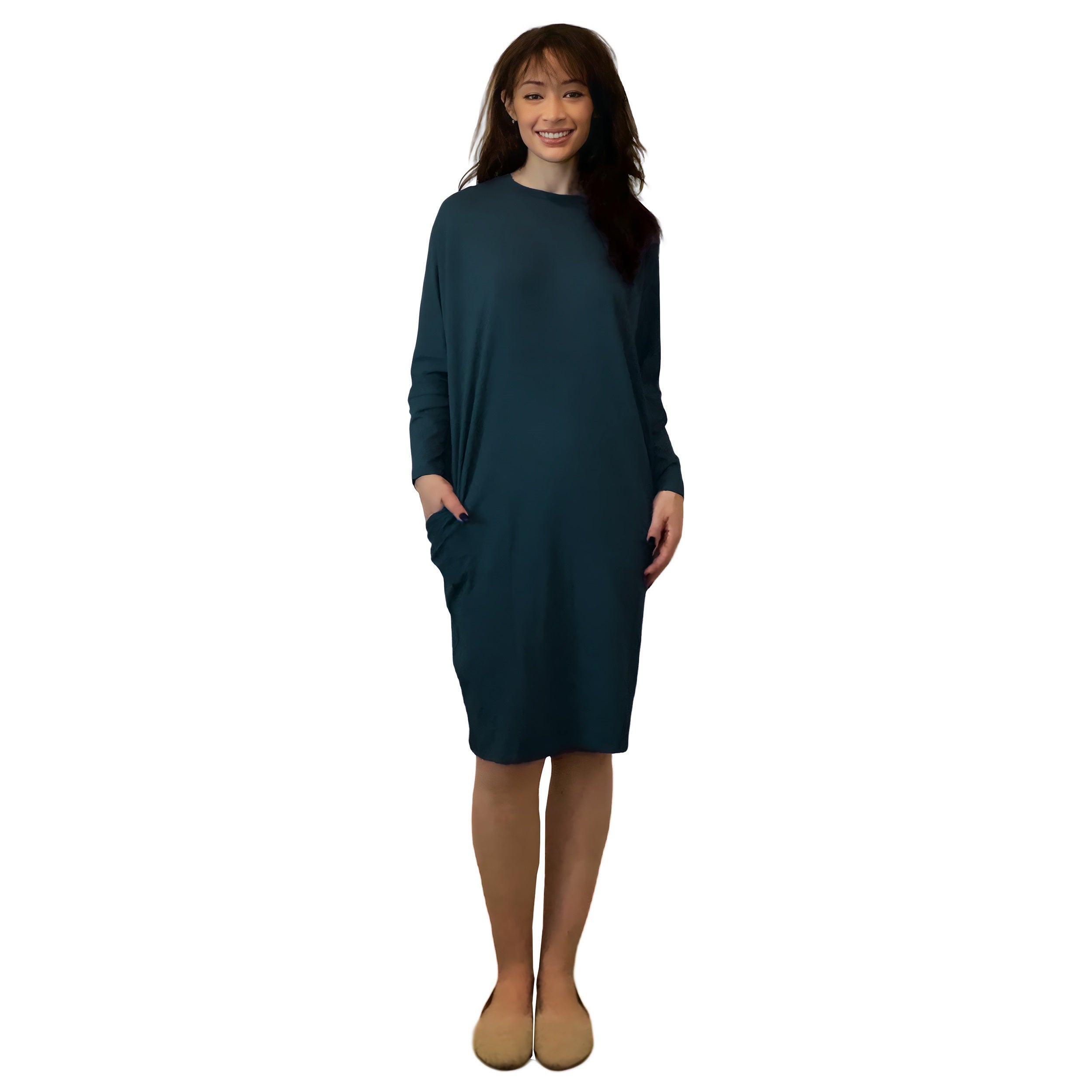 Batwing Long Sleeve Casual Comfort Midi Dress with Pockets White Palm/Blue Stripes / One Size Batwing Long Sleeve Casual Comfort Midi Dress with Pockets White Palm/Blue Stripes / One Size