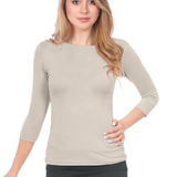 Fitted 3/4 Sleeve Layering Shell - High Round Neckline Slim-Fit Undershirt