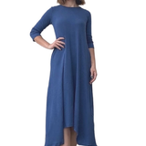 A-line Cotton Ribbed Maxi Dress - Modest Neckline,  3/4 Sleeves and Pockets