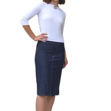 Faux Denim Knit Fitted Pencil Skirt Knee Length