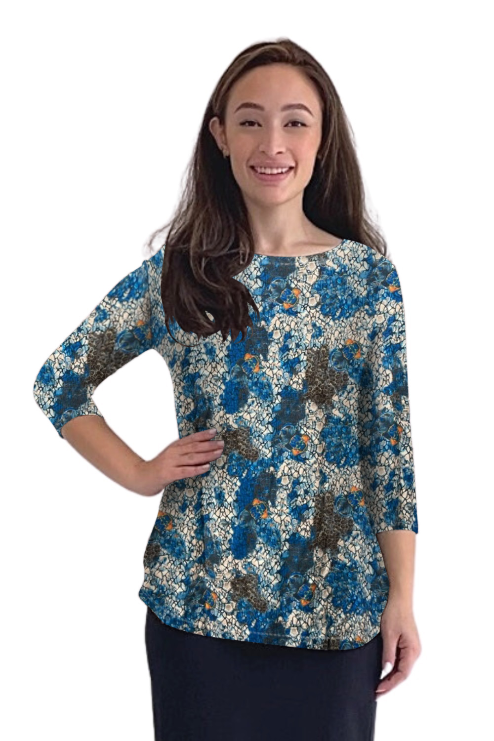 1112 Tunic Top Curved Hemline Blue White Vines Print Zoomed Front