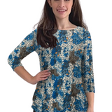 1112 Tunic Top Curved Hemline Blue White Vines Print Zoomed Front