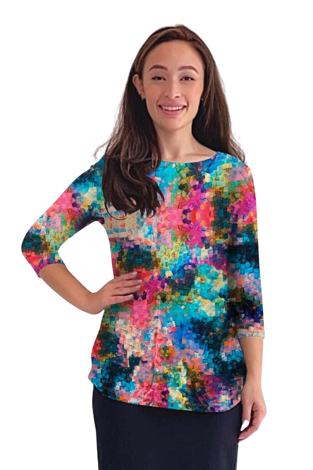 1112 Tunic Top Curved Hemline Rainbow Pixels Zoomed Front