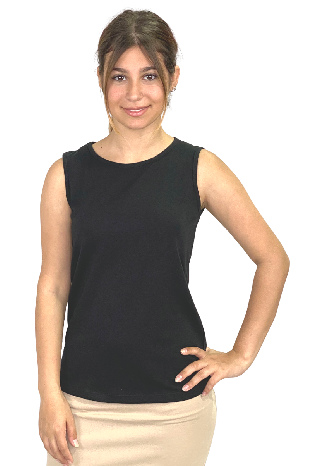 1233 Utimate Modest Cotton Tank Top with High Neckline Black Zoomed View