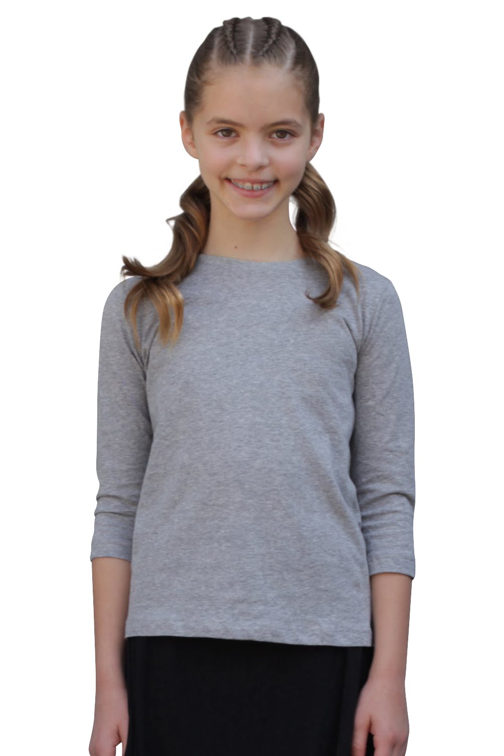 1299 Girls Cotton Three Quarter Sleeve Tee Heather Grey Zoomed Front View