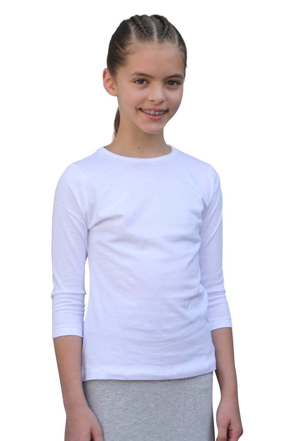 1299 Girls Cotton Three Quarter Sleeve Tee White Zoomed Front View