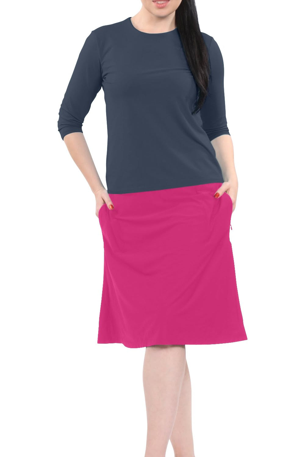 1442 Modest A Line Athletic Skort With Knee Length Shorts Fuchsia Full Image Front