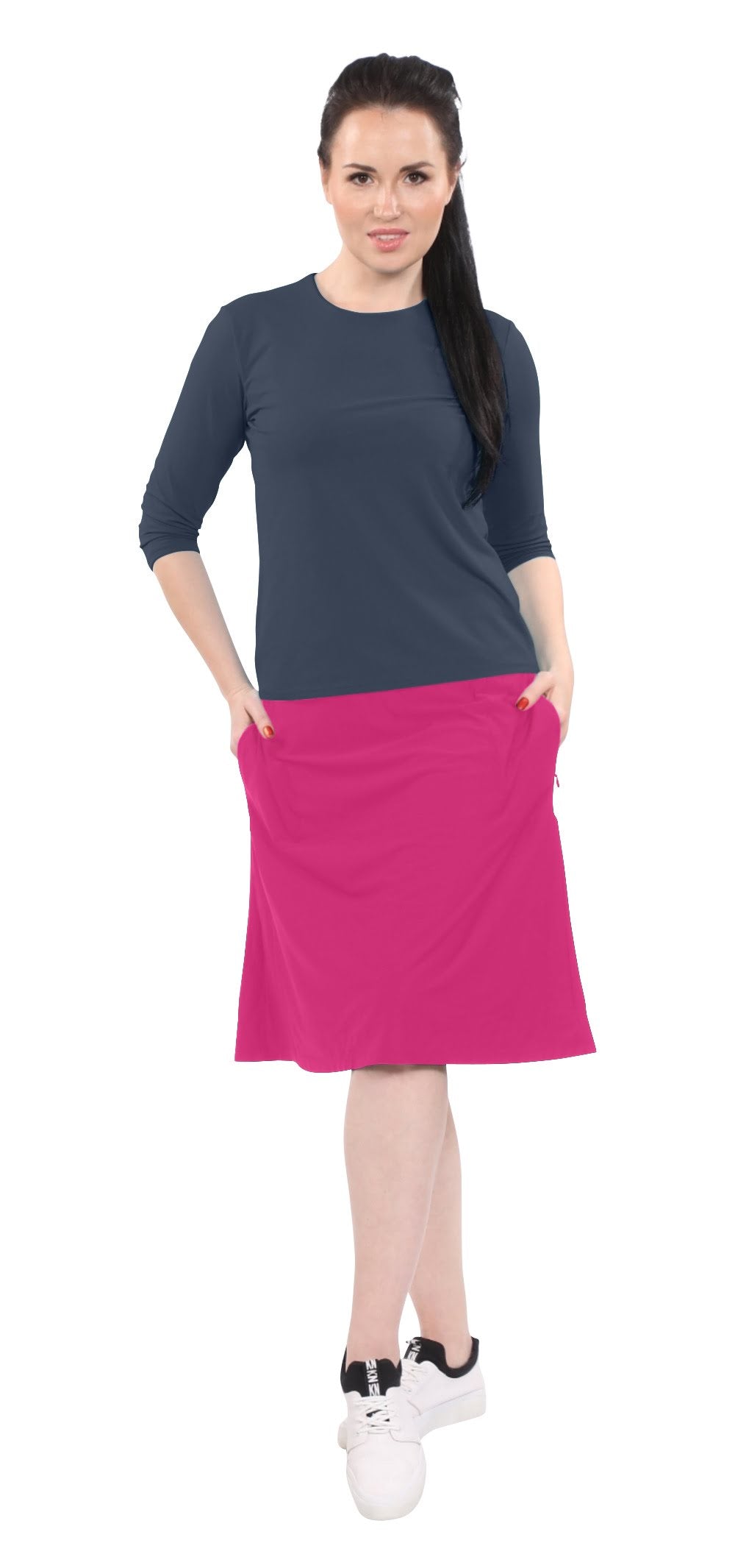 1442 Modest A Line Athletic Skort With Knee Length Shorts Fuchsia Full Image Front