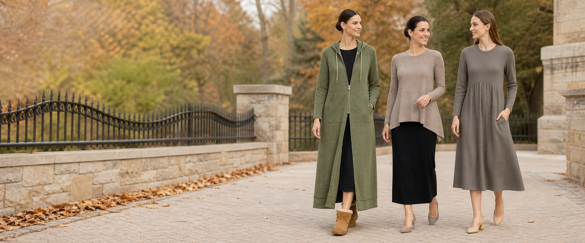 Three women wearing Kosher Casual fall styles outdoors